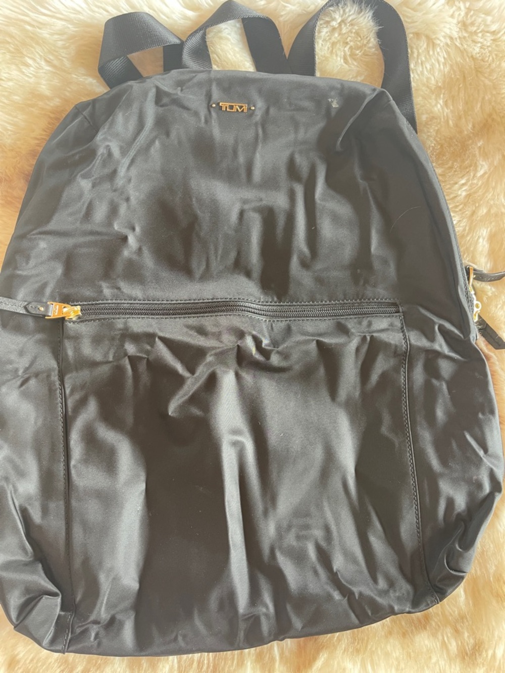 Tumi Black Nylon Backpack with Gold Accents